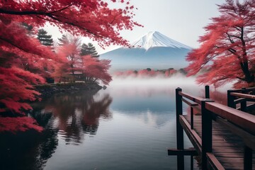 landscape with lake and trees, ountain Fuji with Morning Fog and red Leaves at Lake Kawaguchiko...