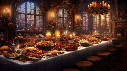 a sumptuous scene of a Christmas Eve Feast filled with delectable dishes, family gatherings, and the warmth of festive celebrations, perfectly suited for 16:9 widescreen desktop wallpaper