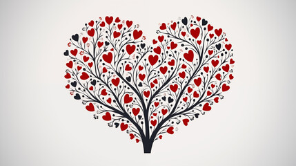 Heart shaped tree with black and red heart shaped leaves on a light grey background