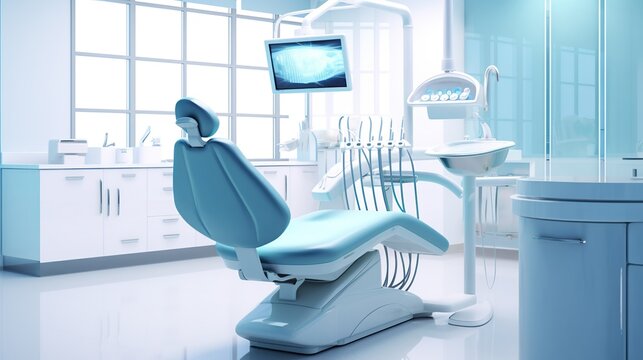 Dentist office interior with blue chair and equipment. 3d render