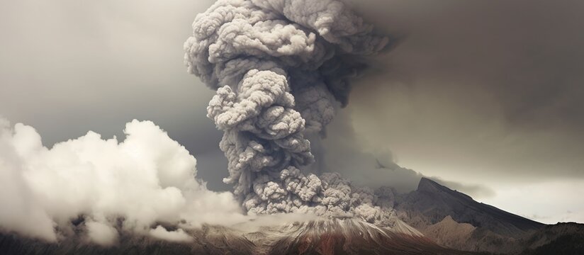 Panoramic view of volcano eruption with ash, smoke and clouds