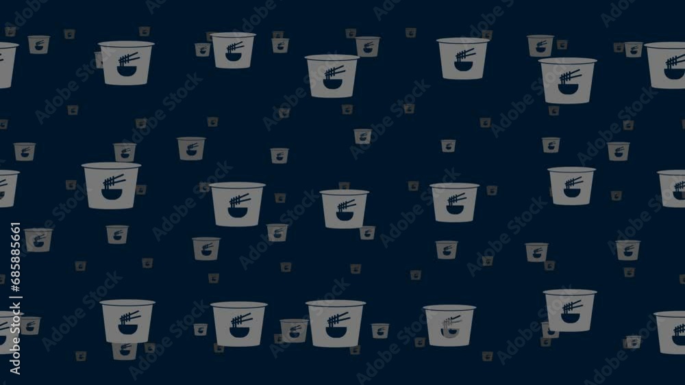 Poster Instant noodles symbols float horizontally from left to right. Parallax fly effect. Floating symbols are located randomly. Seamless looped 4k animation on dark blue background