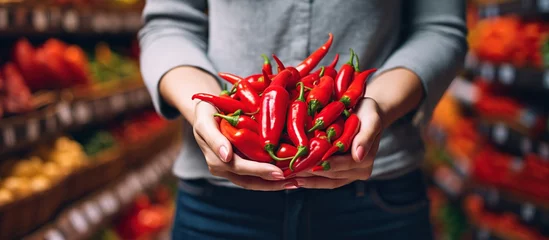  Close-up of young woman holding red hot chili peppers in the supermarket. © Mas