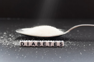 The name Diabetes created by white beads on a gray background. There is a spoon with sugar in the back.