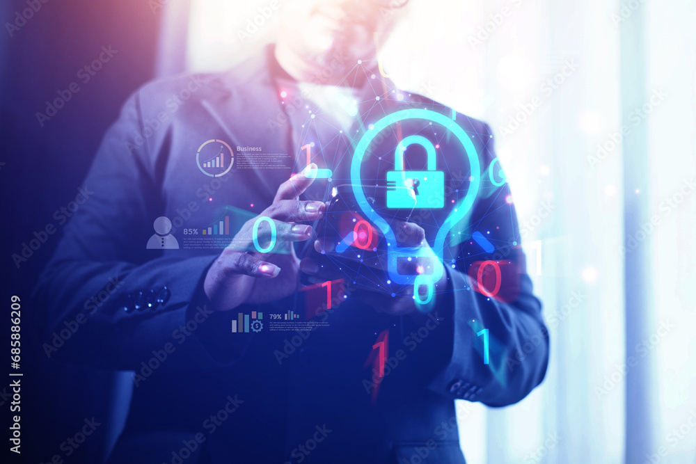 Poster cybersecurity concept business man shows how to protect cyber technology network from attack by hack