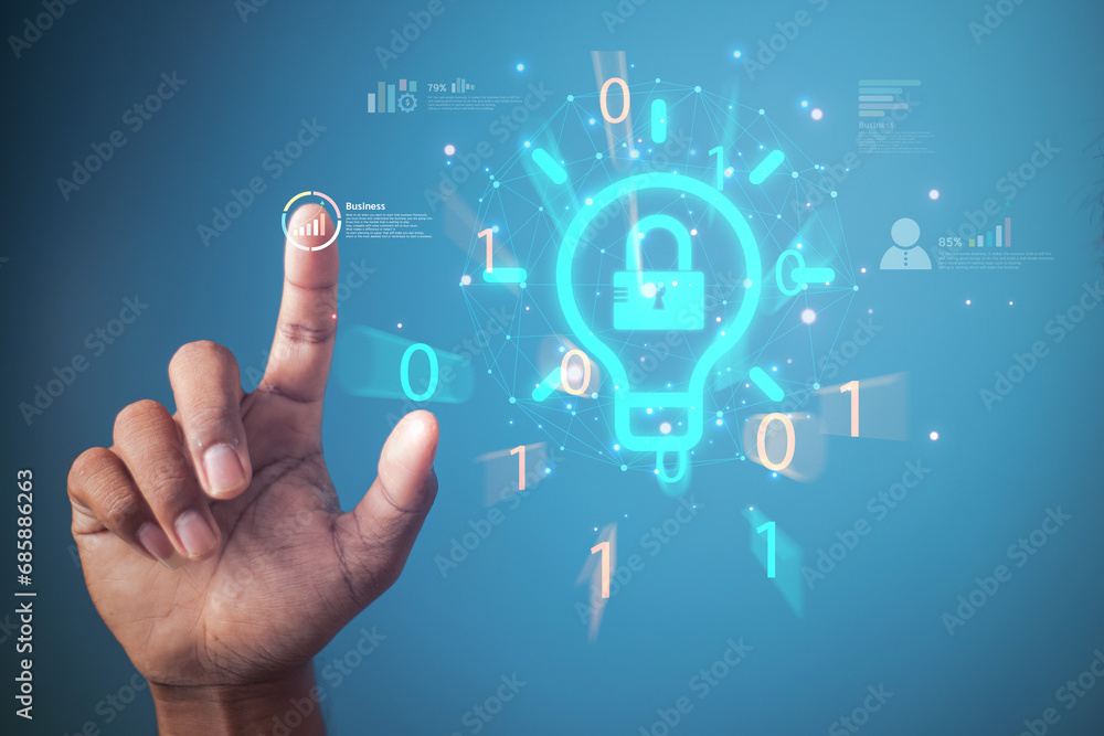 Poster cybersecurity concept business man shows how to protect cyber technology network from attack by hack