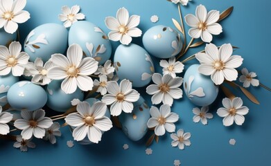 a blue background surrounds easter eggs and flowers,