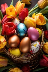 Fototapeta na wymiar easter basket with colorful eggs and tulips,
