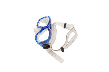 A pair of blue diving goggles, snorkeling mask with transparent background, perspective view