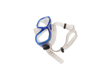 A pair of blue diving goggles, snorkeling mask with transparent background, perspective view