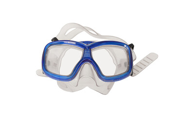 A pair of blue diving goggles, snorkeling mask with transparent background, top view