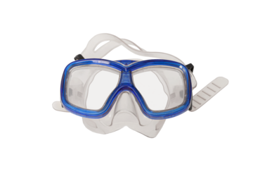 A pair of blue diving goggles, snorkeling mask with transparent background, top view