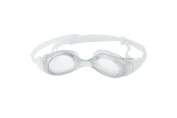 A pair of white swimming goggles with transparent background, top view