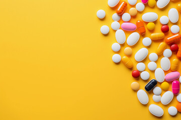 Pills and capsules on yellow background 