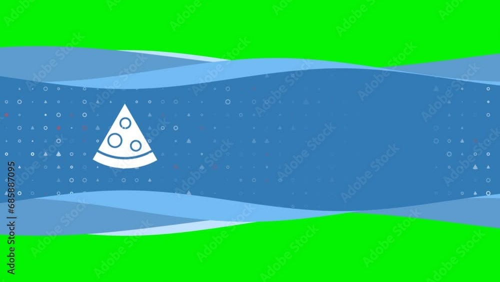 Poster Animation of blue banner waves movement with white slice of pizza symbol on the left. On the background there are small white shapes. Seamless looped 4k animation on chroma key background