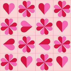 Heart flower seamless pattern with pink and red geometric elements for Valentine`s Day. Designed for wallpaper, textile, wrapping paper, fabric print. Vector illustration.