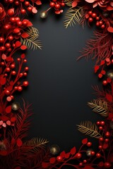 holiday conifers and holly around red paper background,