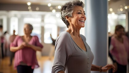 Fototapeta premium Radiant senior woman engaging in physical activity in a dance class
