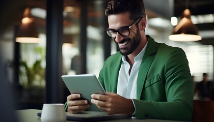 Young businessman checking finances on tablet in a café