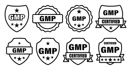 GMP set of round badges. Certified industrial stickers for products with Good Manufacturing Practice tag