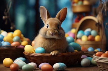 Fototapeta na wymiar rabbit sitting near easter baskets with easter eggs,