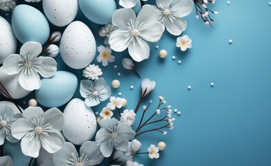 a blue background surrounds easter eggs and flowers,