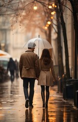Obraz premium two people walking down a street with umbrellas,