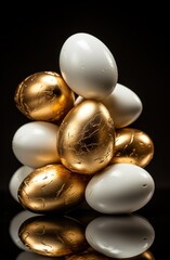 several gold striped easter eggs on the table with white background,
