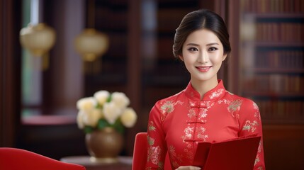 Fashion photography portrait, Chinese female teacher wearing light red Chinese