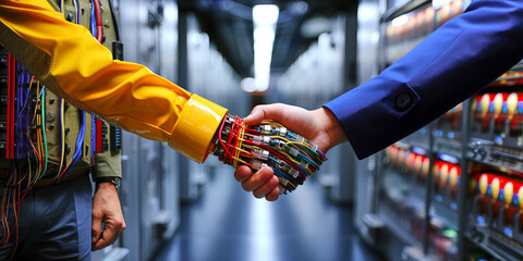 funny, creative job advertisement, job offer, electrician, electronics engineer, cables are your passion, shake hands, hand made of cables, creative advertising, cables are our life, generative ai