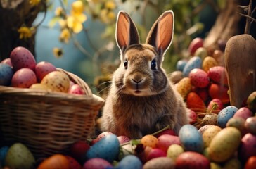 Fototapeta na wymiar rabbit sitting near easter baskets with easter eggs,