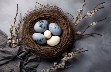 three easter eggs in a nest on grey background,