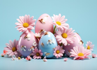 several colorful easter eggs on blue background with flowers
