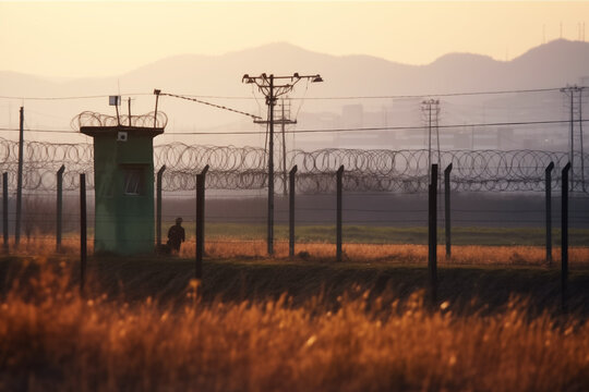 Border crossing in North Korea. Border of South Kore and North Korea. Border control with barbed wire on fence. Border guard, Military man guarding Border. Guard troops and military troop.
