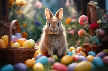 Fototapeta na wymiar a brown rabbit is sitting near baskets and other easter colored eggs,