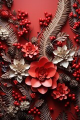red background with holly leaves and berries