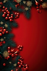 Fototapeta na wymiar holiday conifers and holly around red paper background,