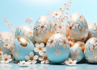 Obraz premium easter eggs and flowers on light blue background,