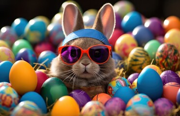 Fototapeta na wymiar bunny in glasses standing amongst tons of colored easter eggs,