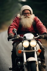 Fototapeta na wymiar santa on motorbike with big bad.