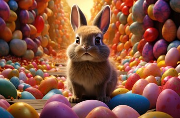 Fototapeta na wymiar the little bunny is sitting among many coloured eggs,