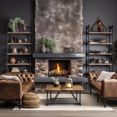  Rustic Industrial style living room with stone fireplace decorated with leather and metal materials © piai
