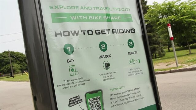 toronto rent a bike of e-bike billboard with instructions on how to use the service with bus post in background