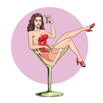 Beautiful girl in martini glass isolated on white. Pin up style burlesque dancer holding cocktail. Hand drawn vector illustration. 