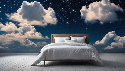 Bed stand in blue fluffy cloud - symbolic for good sleep, sky setting - obrazy, fototapety, plakaty
