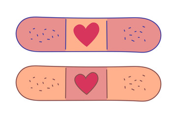 Set of plaster with a heart. Heal with love. Patches. Quick help. Band-Aid. Concept care. Doodle style. Isolated medical objects. Color image with outline. Vector illustration.