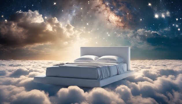 Good sleep symbol - bed stand in blue cloud, sky setting, fluffy and serene