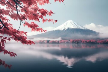 mountain and blossoms, ountain Fuji with Morning Fog and red Leaves at Lake Kawaguchiko Nature
