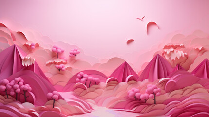 Fototapeta na wymiar greeting card, pink abstract landscape in the style of paper sculpture