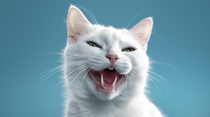Funny portrait of happy white cat with opened mouth on Isolated blue background